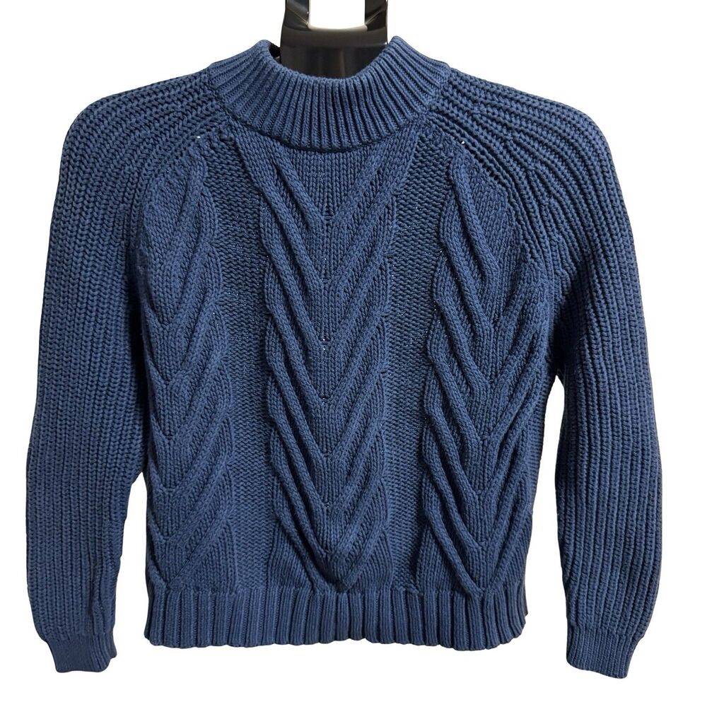 J. Crew Cable Knit Blue Sweater 100% Cotton Mock Neck‎ Sweater Chunky XXS